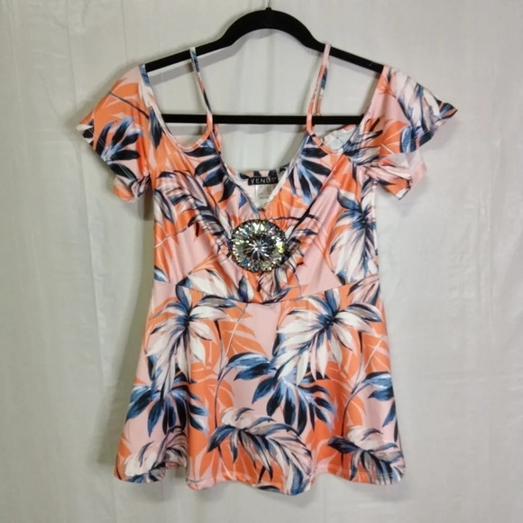 VENUS Embellished Cold Shoulder Top Orange Multi Printed Strappy V-Neck Small - Picture 1 of 10